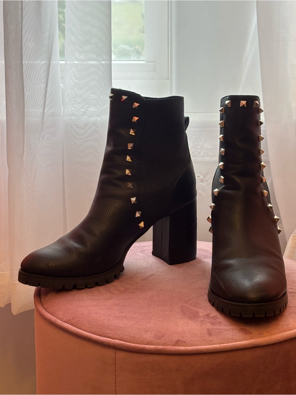 Steve Madden Black Pyramid Stud Block Heel Ankle Boots